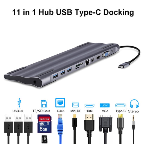 Type c  docking station Aluminum 11 in 1  to HDMI Card Reader RJ45 PD  for Charger Audio MacBook Samsung Galaxy usb c  Hub