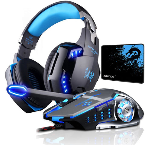 KOTION EACH Gaming Headset Deep Bass Stereo Game Headphone with Microphone LED Light for PS4 PC Laptop+Gaming Mouse+Mice Pad